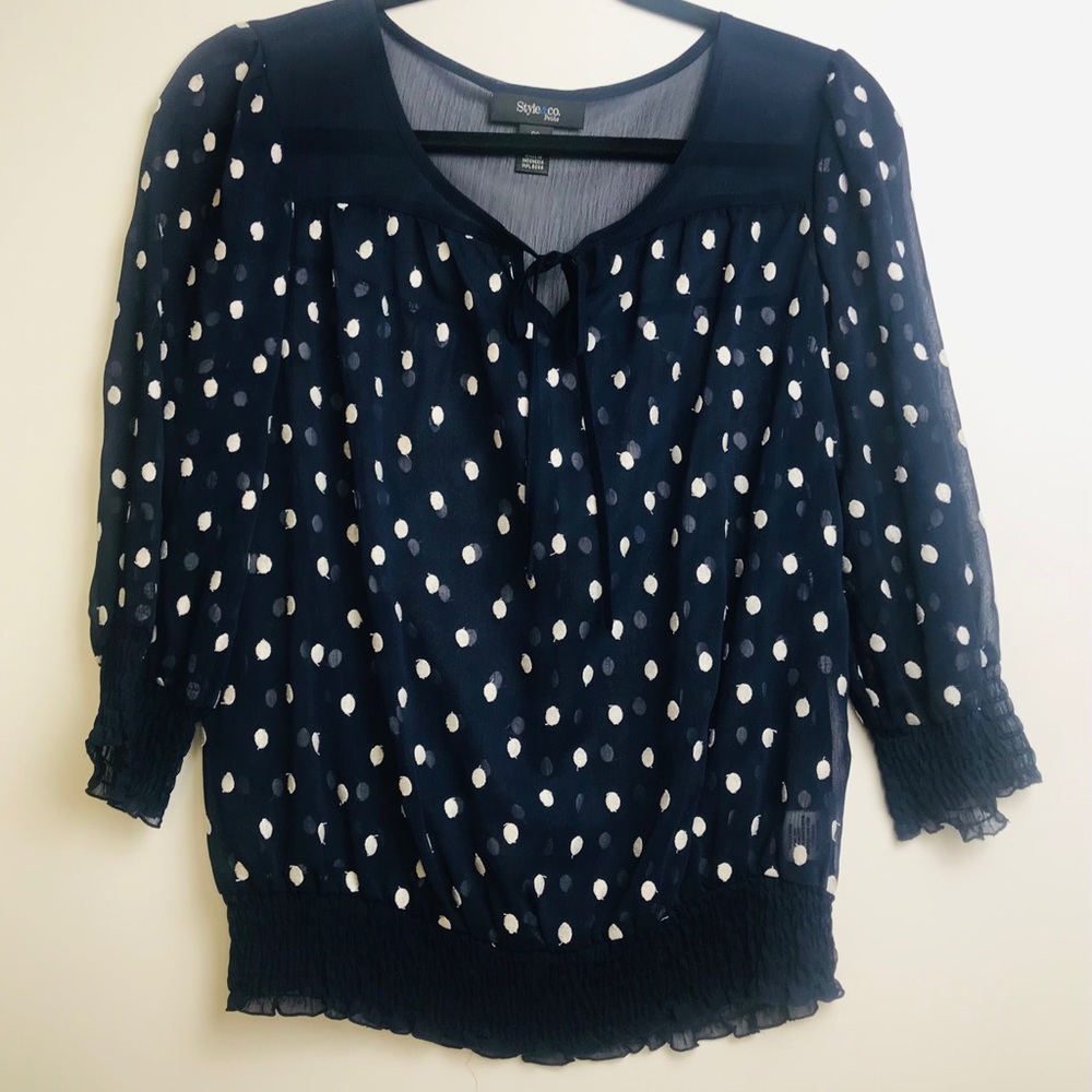 Style & CO. Petite small blue & white sheer top